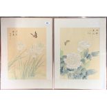 A pair of Chinese framed watercolours on silk of flowers with butterflies, frame 41 x 56cm.