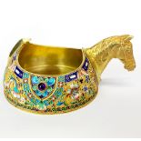 A superb Russian silver gilt and enamelled horses head kvosch inset with cabochon amethyst, Dia.