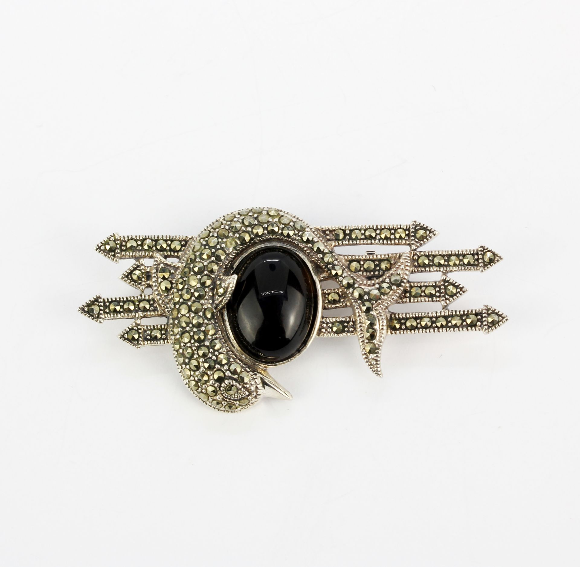 A large 925 silver dolphin brooch set with marcasite and an oval cabochon tourmaline, L. 6cm. - Image 2 of 3