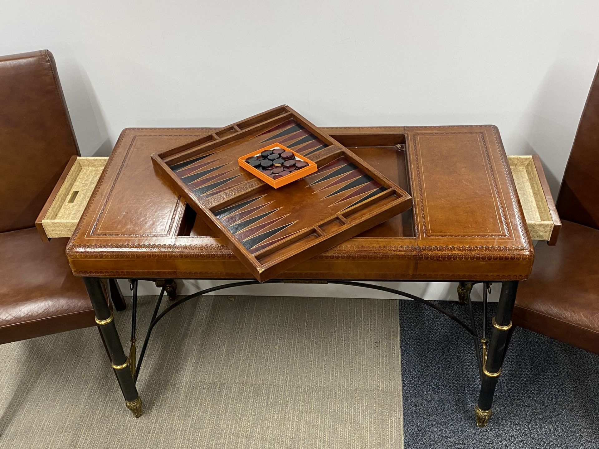 A lovely leather covered iron and brass framed chess and backgammon table, 111 x 73 x 55cm - Image 2 of 4