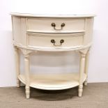 A paint finished demi lune side table, 85 x 78cm.