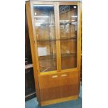 A teak corner display cabinet with glass shelves, 185 x 90cm.