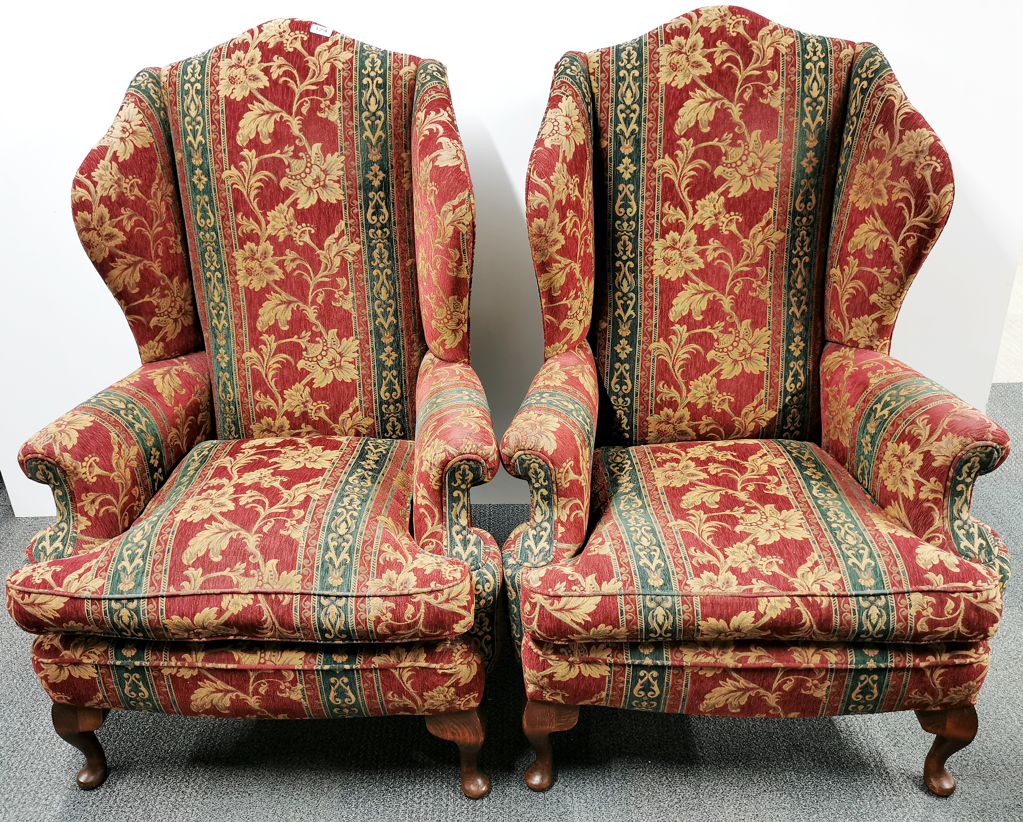 A pair of red and green upholstered wingback armchairs, H. 120cm. - Image 2 of 2