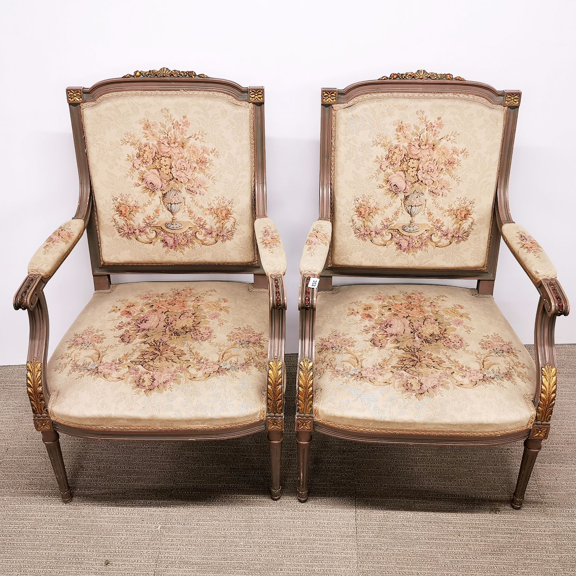 A pair of French painted and gilt salon style armchairs. - Image 2 of 4