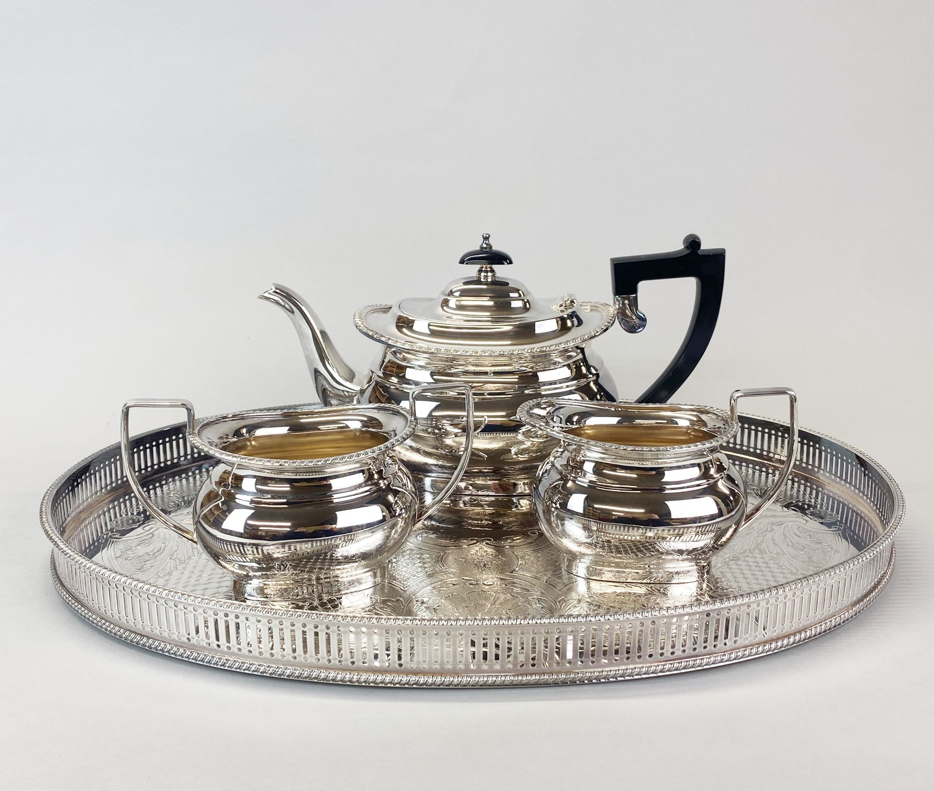 A Garrard and Co silver plated tea set and gallery tray. - Image 3 of 4