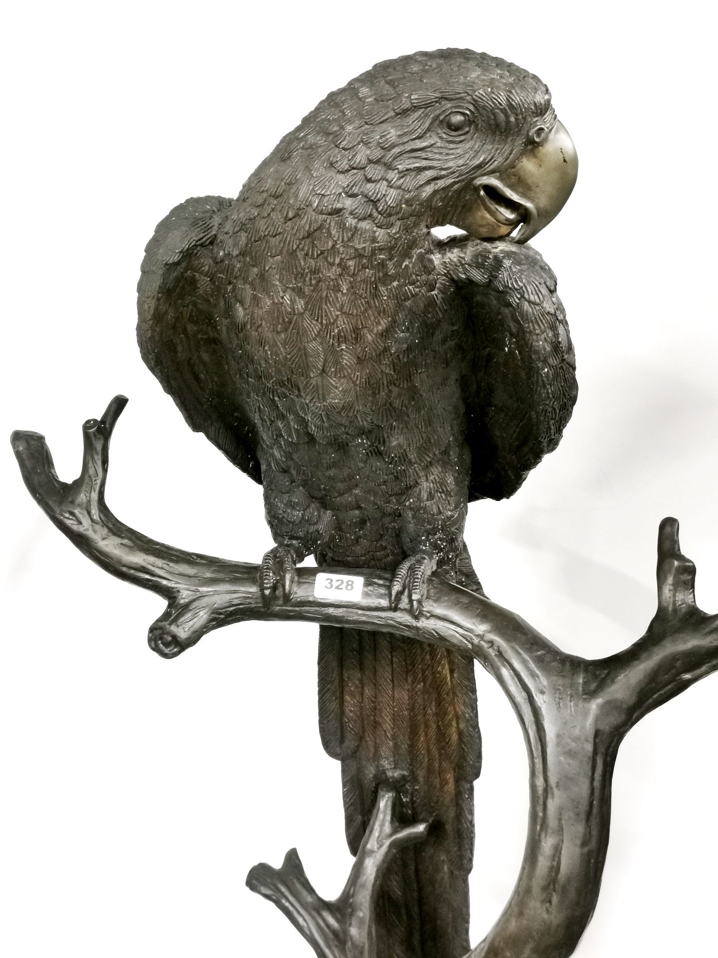 A heavy quality bronze sculpture of a parrot perched on a branch, H. 158cm. - Image 2 of 3