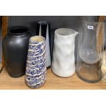 A group of large glass and ceramic vases, tallest H. 46cm.