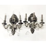 A pair of three branch wall lights with crystal droppers, H. 40cm.