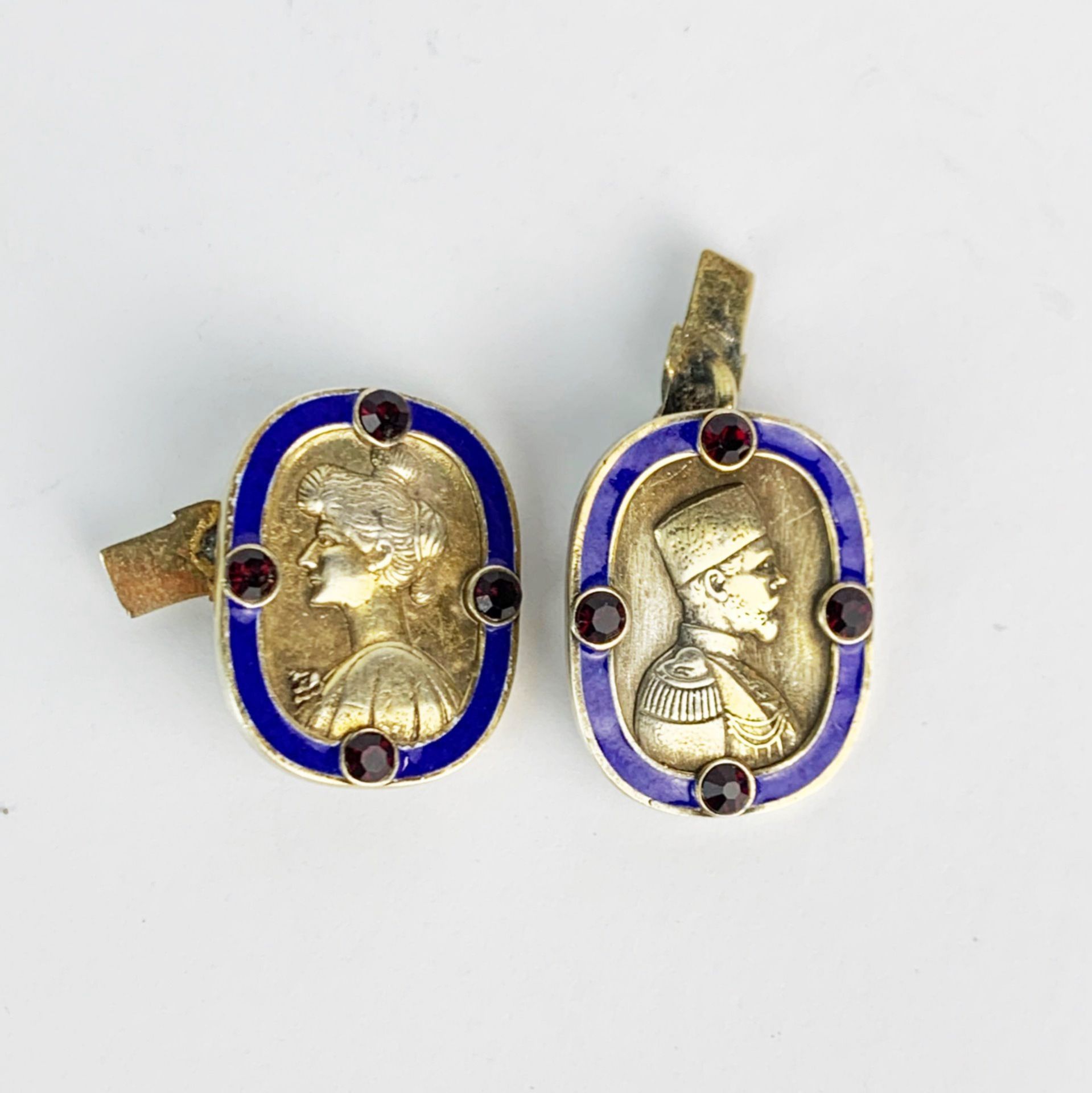 A pair of Russian silver gilt and enamel, garnet set cufflinks, 12 x 21mm.