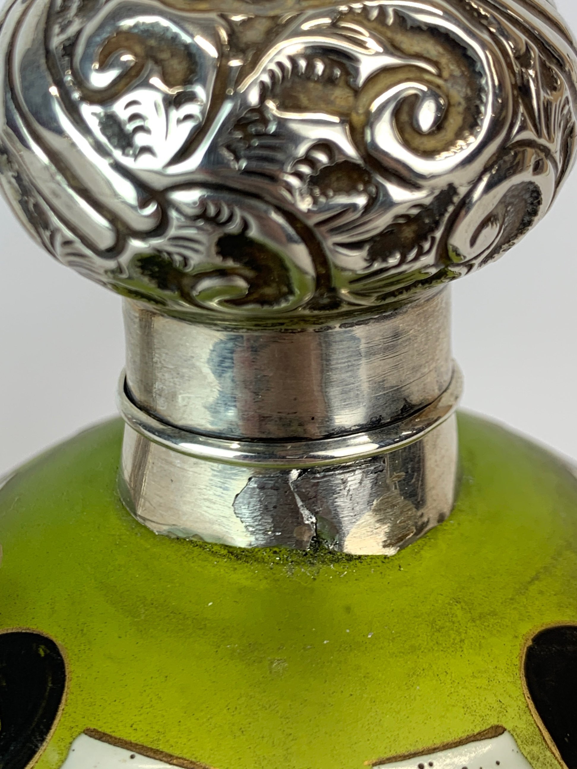 A hallmarked silver cased cologne bottle (Chester c.1908) H. 14cm together with a white metal topped - Image 3 of 5