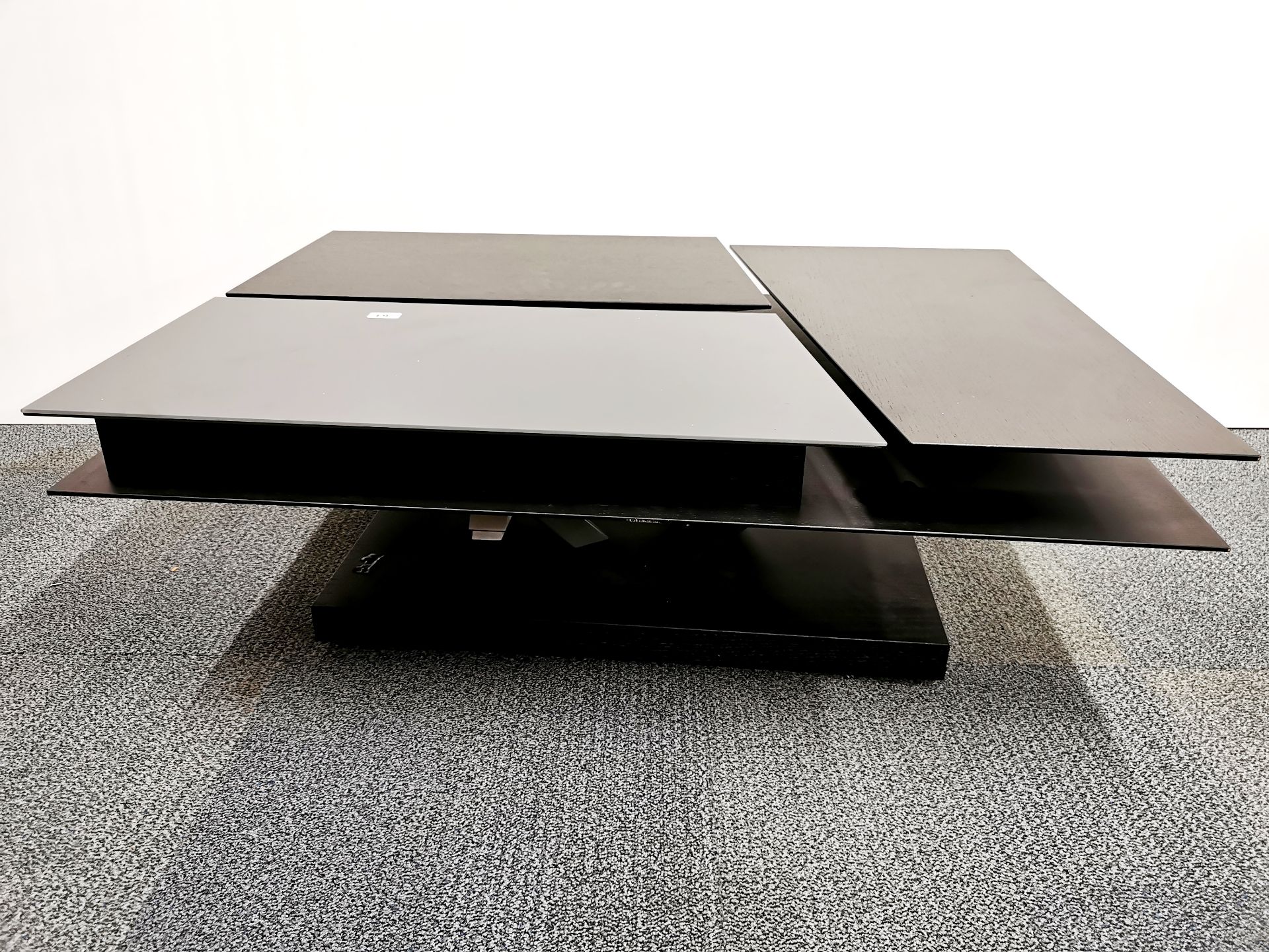 An unusual contemporary designer coffee table in dark cherry and glass with three sections, two - Image 2 of 6