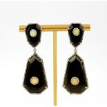 A large pair of white metal and onyx drop earrings set with cabochon opals and diamonds, L. 6.3cm.