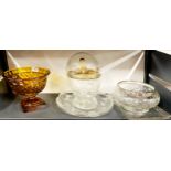 A superb cut amber glass bowl, Dia. 23cm, H. 20cm. Together with a cased cut glass decanter set