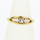 A hallmarked 18ct yellow gold ring set with a round cut aquamarine and diamonds, (N).