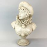 An Art Nouveau style reconstituted marble bust of a Pierot, after A. Azza, H. 54cm.
