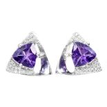 A pair of 925 silver earrings set with trillion cut amethysts and white stones, L. 1.4cm.