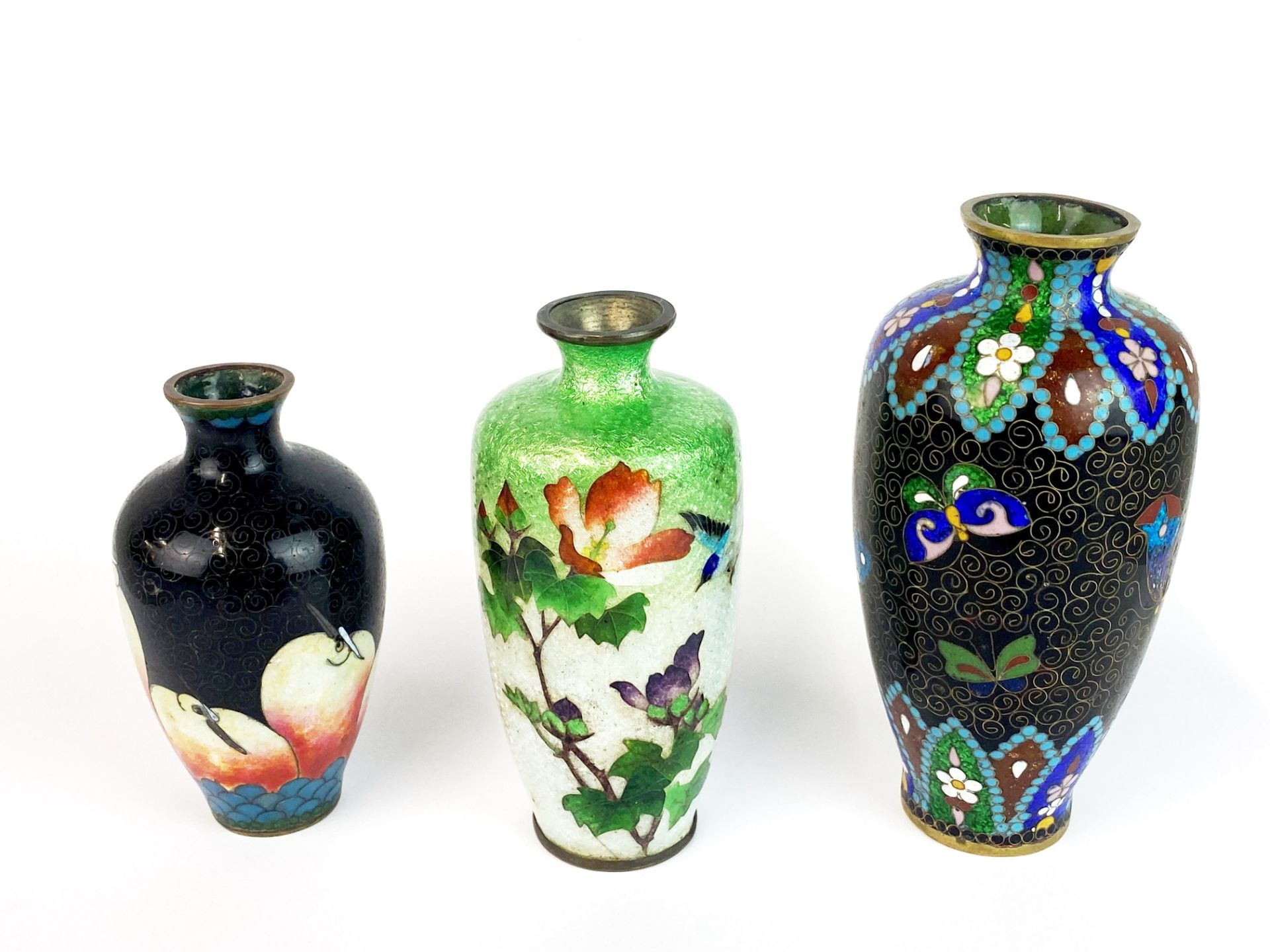 A group of three 19th/early 20th century Japanese cloisonne vases, tallest H. 13.5cm.