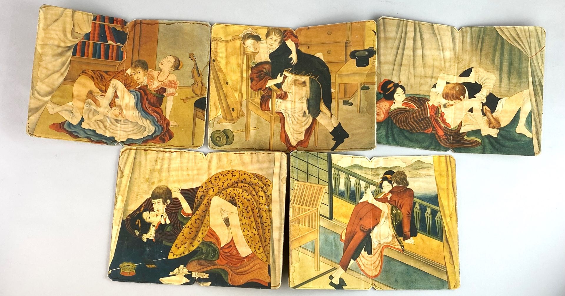 Two folding books of Chinese erotic pictures, largest size 18 x 12cm. Panels of larger book - Image 2 of 3