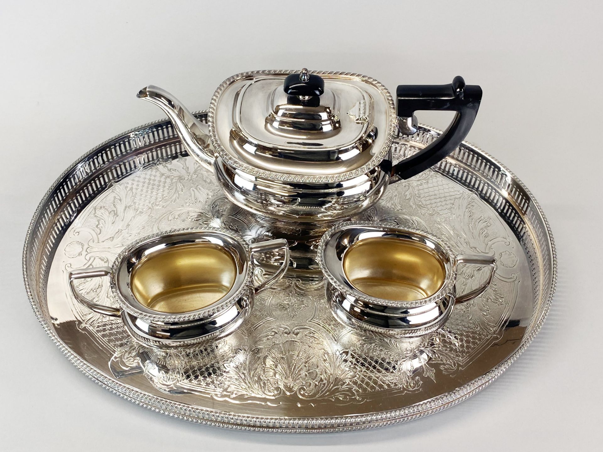 A Garrard and Co silver plated tea set and gallery tray. - Image 2 of 4