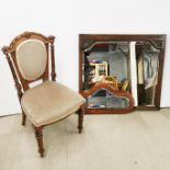 An Edwardian upholstered nursing chair, together with a craved oak mirror and a mahogany framed