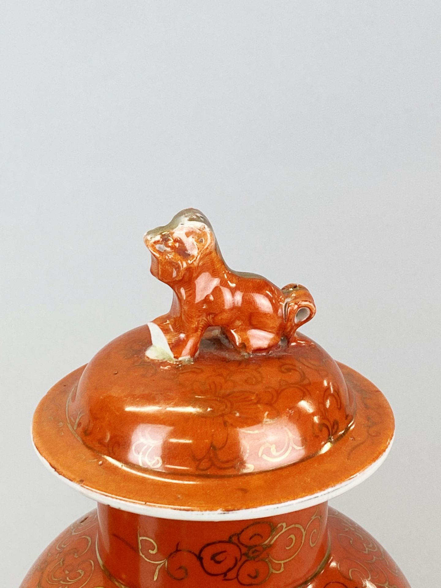 A pair of mid 20th Century Chinese orange glazed and gilt porcelain jars and lids, H. 31cm. One - Image 3 of 5