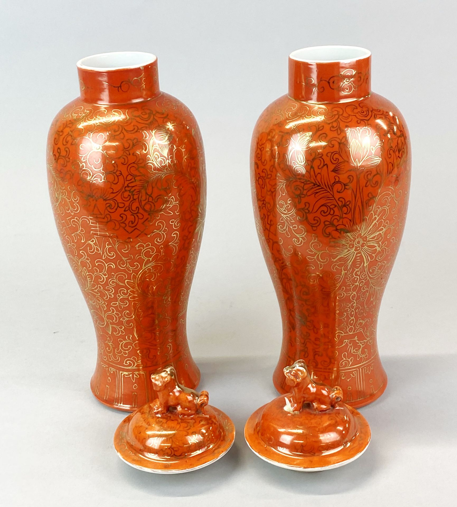 A pair of mid 20th Century Chinese orange glazed and gilt porcelain jars and lids, H. 31cm. One - Image 4 of 5