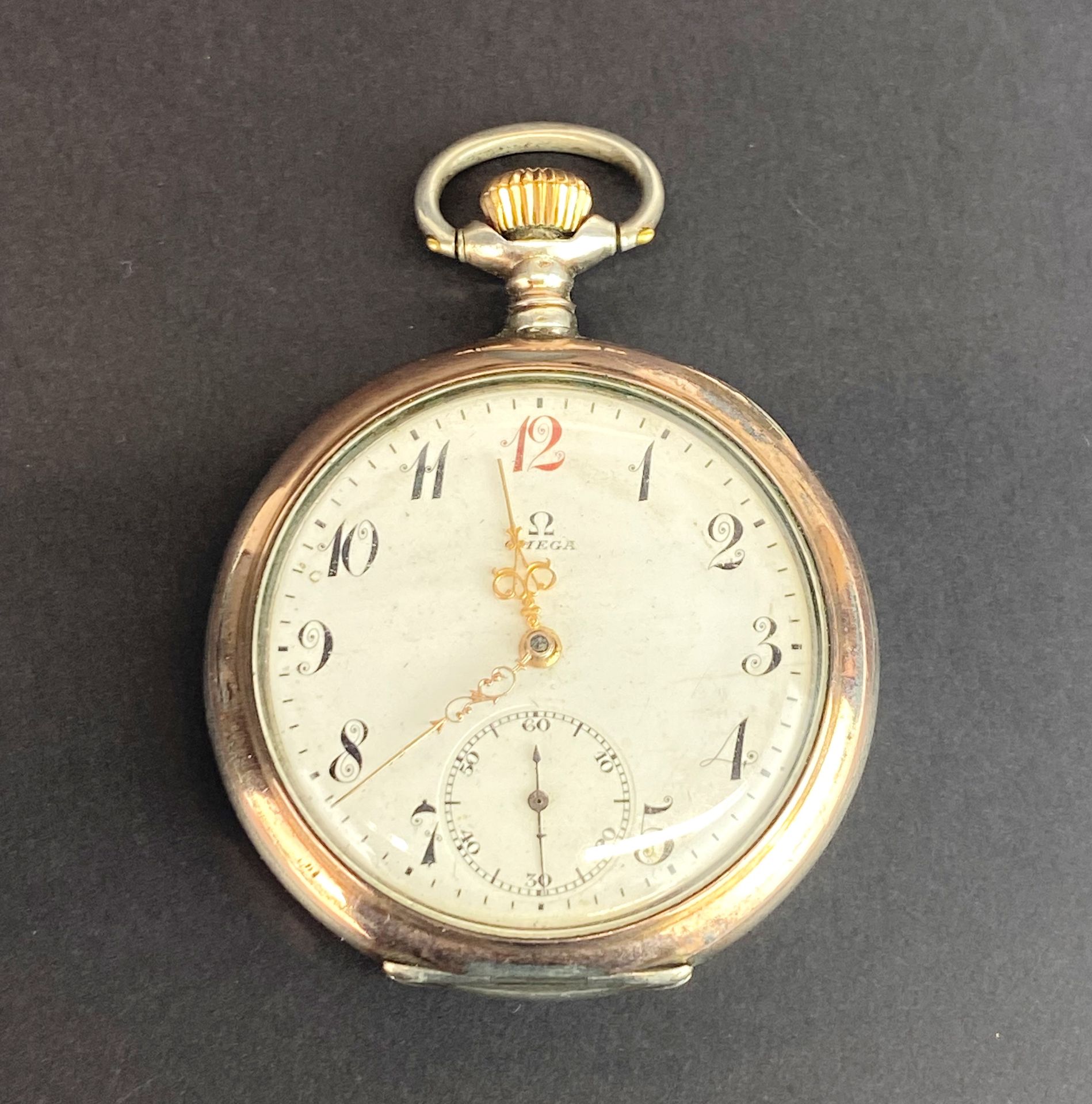 An .800 silver cased Omega pocket watch, appears to be in working order but untested.