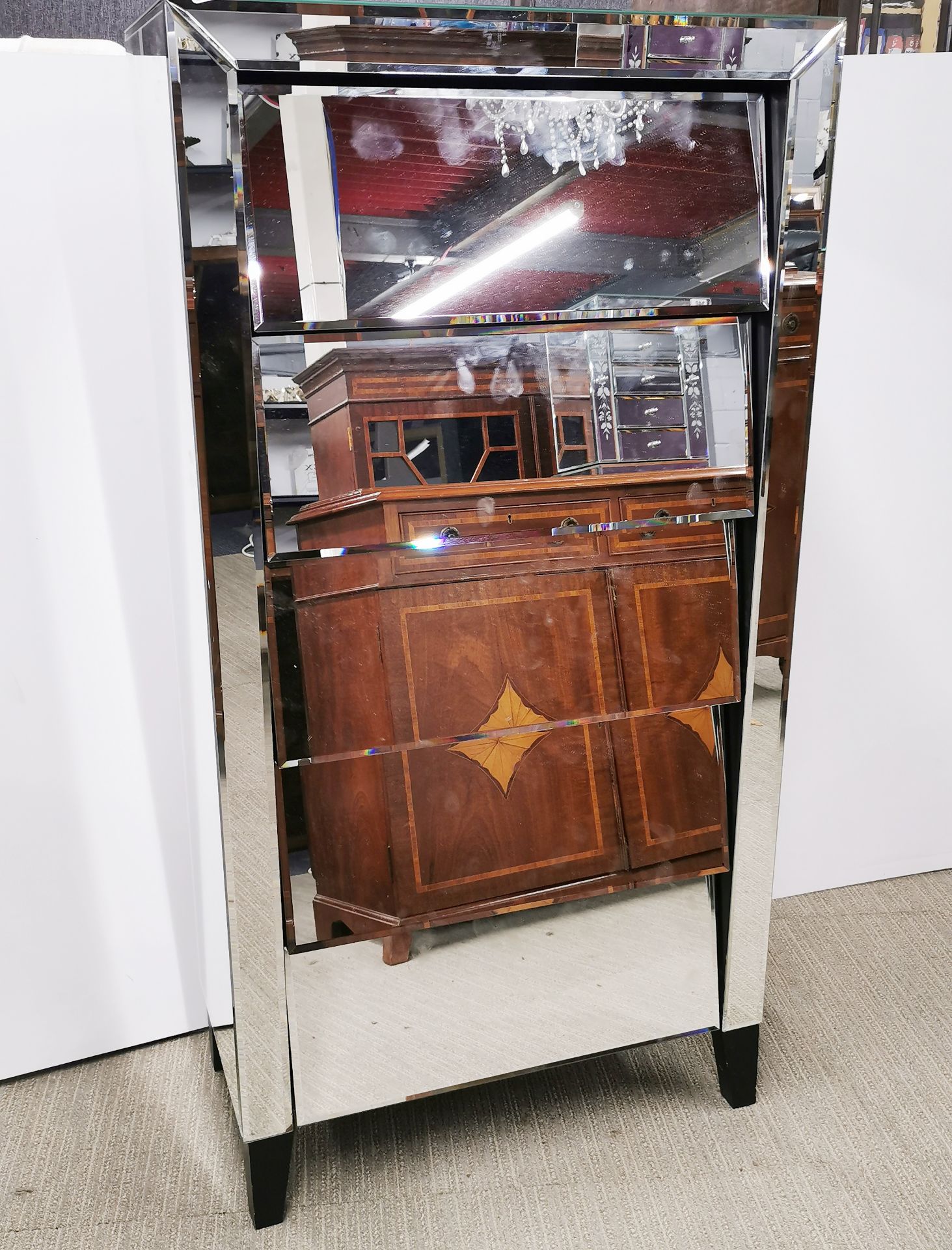 A contemporary mirror finished five drawer chest, 61 x 31 x 121cm. Minor chip to corner. - Image 2 of 4