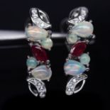 A pair of 925 silver earrings set with cabochon cut opals, marquise cut rubies and white stones,