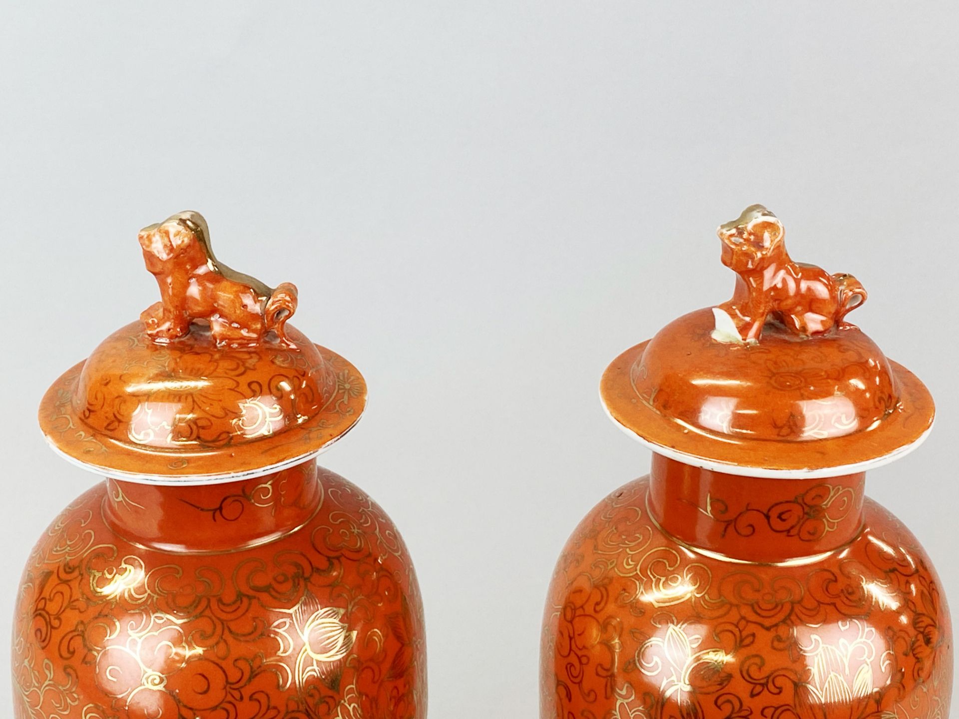 A pair of mid 20th Century Chinese orange glazed and gilt porcelain jars and lids, H. 31cm. One - Image 2 of 5