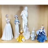 A group of six porcelain lady figures, including Lladro (slightly A/F) Nao and Royal Doulton,