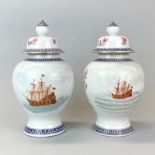 A pair of Chinese porcelain jars and lids featuring merchant ships, H. 31cm. One repaired.