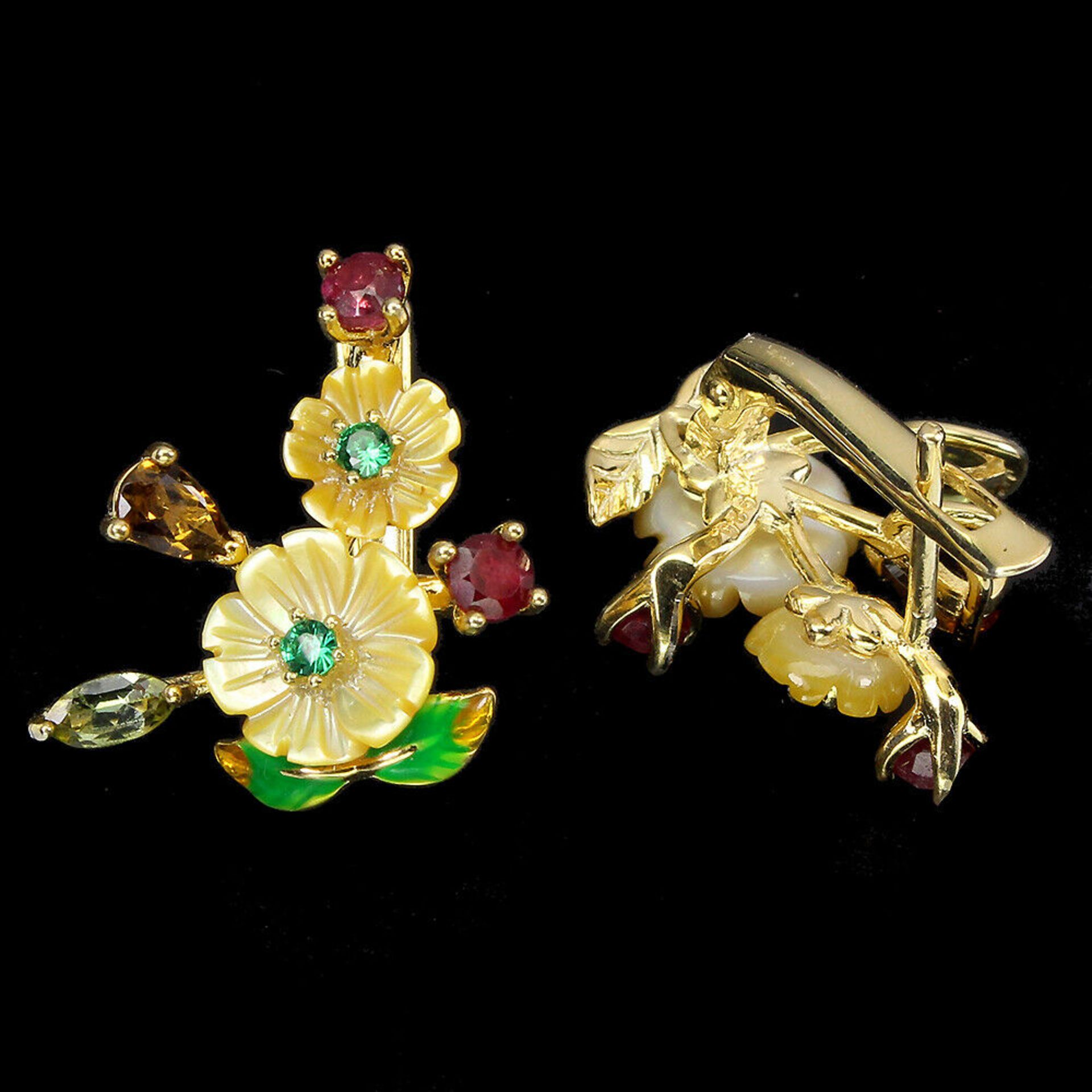 A pair of gold on 925 silver enamelled earrings set with carved mother of pearl, rubies and other - Image 2 of 2