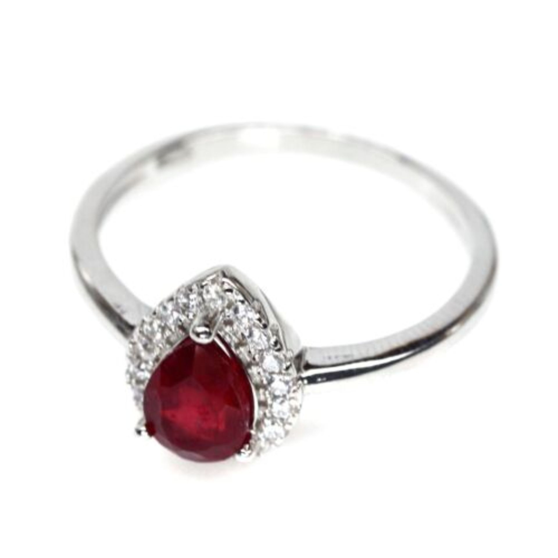 A 925 silver ring set with a pear cut ruby and white stones, (N). - Image 2 of 3