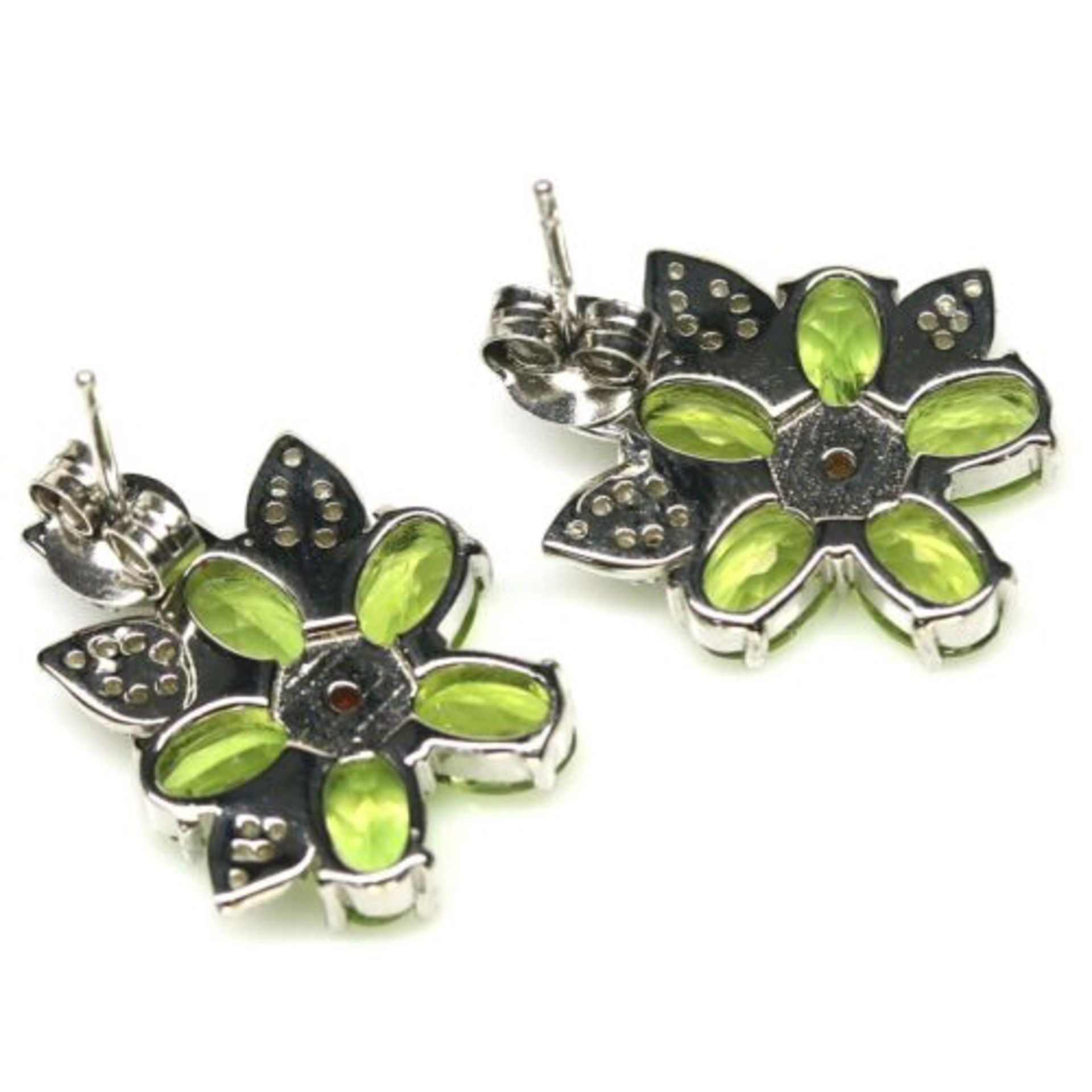A pair of 925 silver flower shaped earrings set with oval cut peridots, fancy orange sapphires and - Image 2 of 2