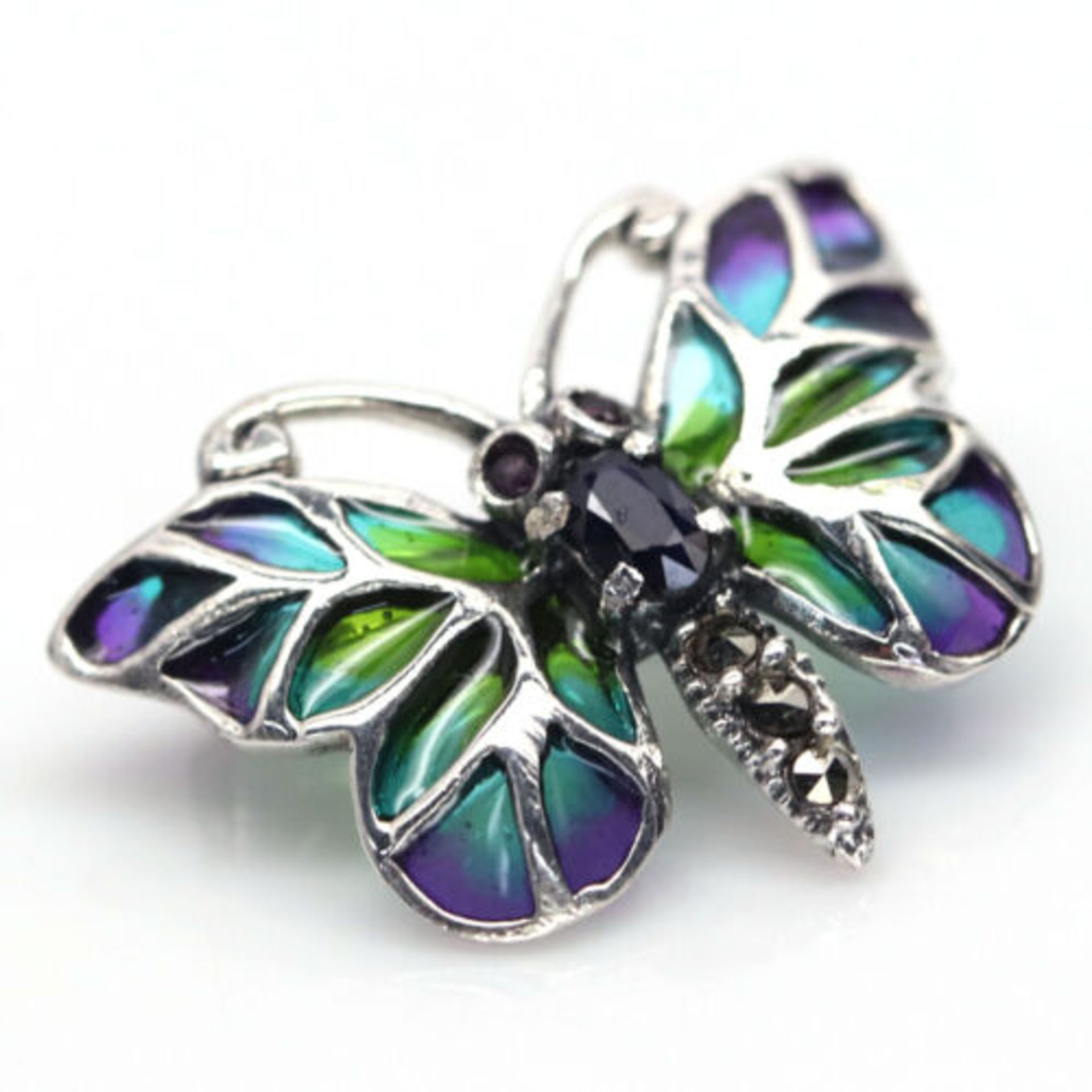 A 925 silver butterfly shaped enamelled brooch / pendant set with oval cut sapphire and marcasite, - Image 2 of 3