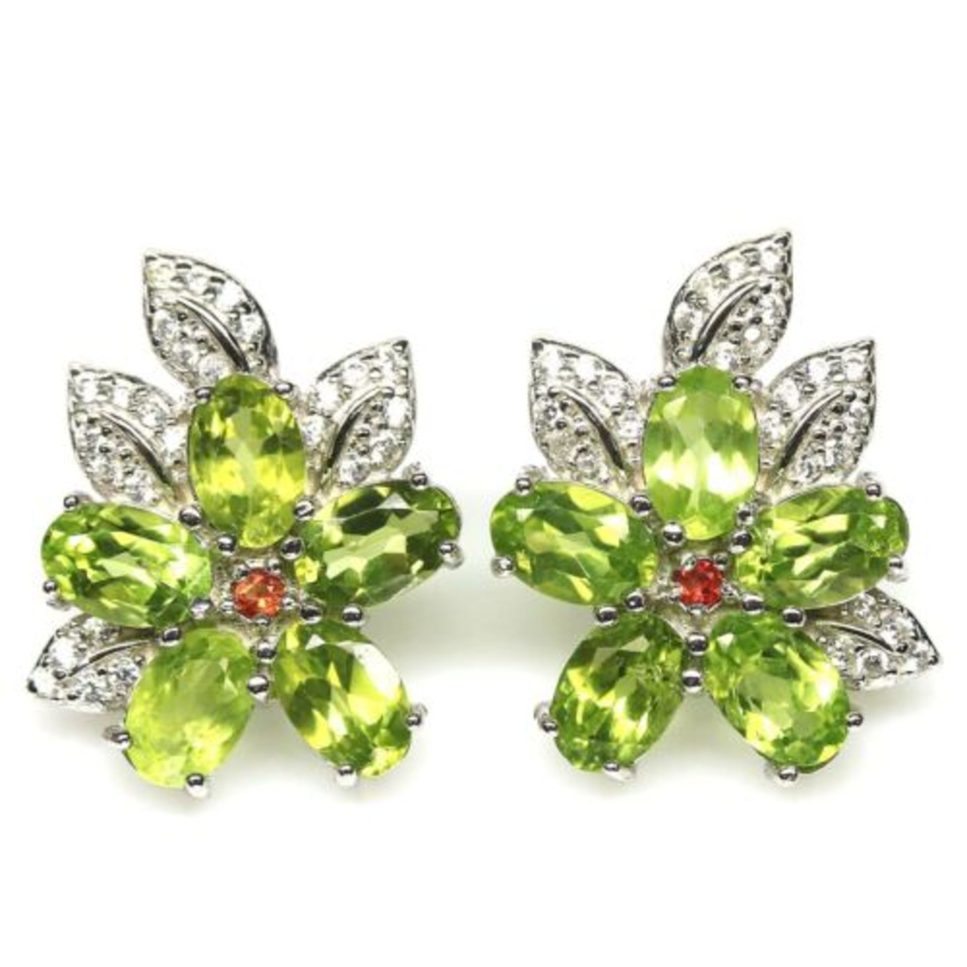 A pair of 925 silver flower shaped earrings set with oval cut peridots, fancy orange sapphires and