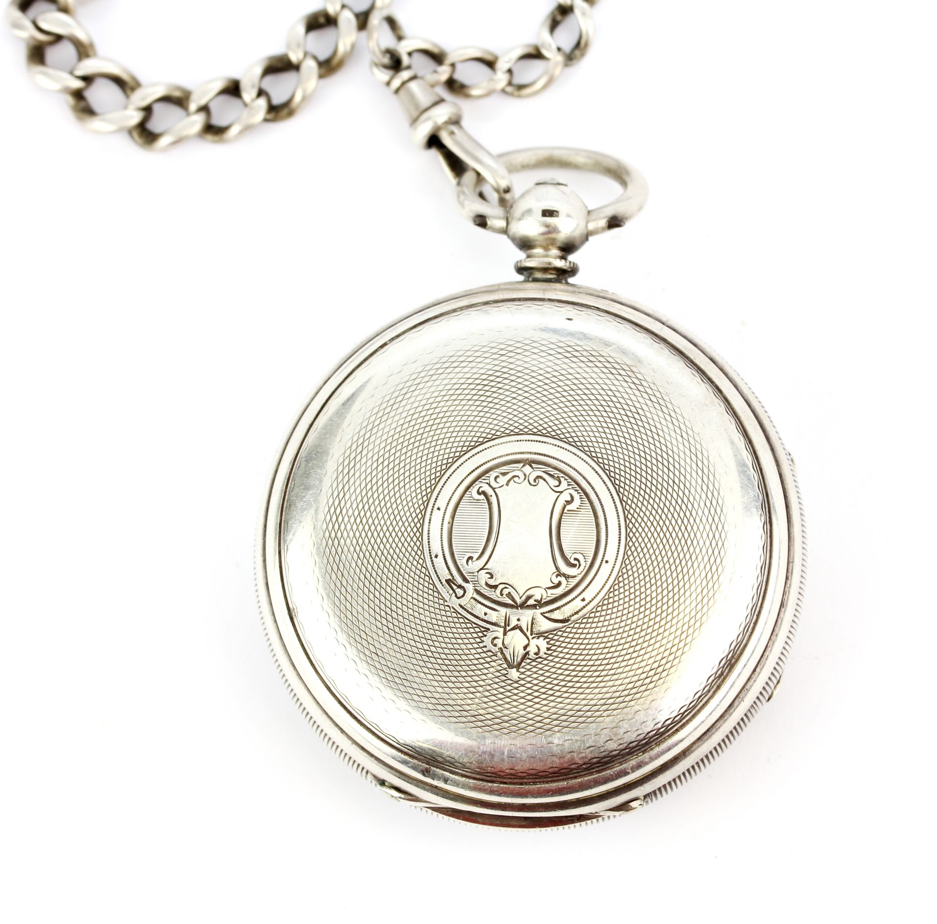 A heavy hallmarked silver cased key wind pocketwatch on a hallmarked silver Albert chain with key. - Image 3 of 3