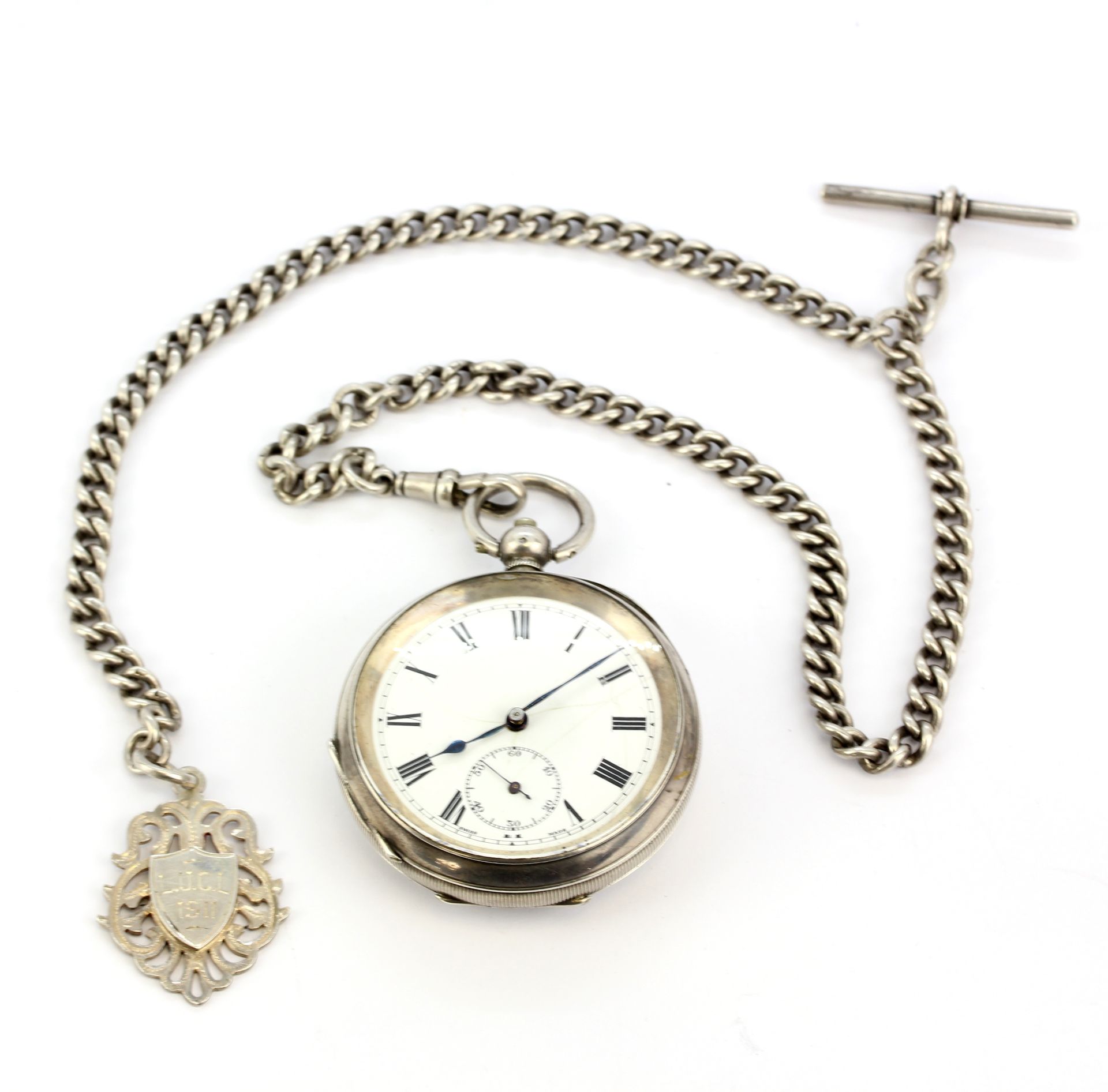 A hallmarked 925 silver cased pocketwatch on a hallmarked silver Albert chain.