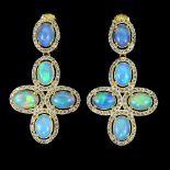 A pair of gold on 925 silver drop earrings set with cabochon cut opals and white stones, L. 3.8cm.