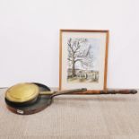 An antique copper frying pan, Dia. 34cm. with a brass warming pan and a framed watercolour.