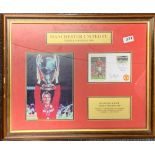 Football Interest: Framed Manchester United treble winners collections, frame size 57 x 47cm.