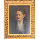 A large gilt framed oil on canvas behind glass portrait of a lady, frame size 66 x 83cm.