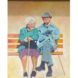 A stretched and pine framed oil on canvas of an elderly couple, 62 x 78cm.