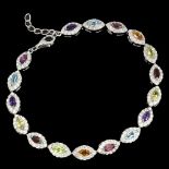 A 925 silver bracelet set with marquise cut peridots, garnets, amethysts, blue topaz, etc, L. 16cm.