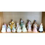 A group of porcelain figurines comprising of eight Royal Doulton, four Coalport and two Leonardo.