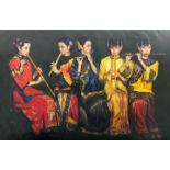 A lovely large Chinese unframed oil on canvas of five musicians in traditional consume, 205 x