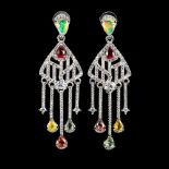 A pair of 925 silver drop earrings set with fancy colour sapphires, opals and white stones, L. 4.