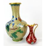 A mid 20th Century Chinese cloisonne vase, H. 20cm. together with an enamelled and gilt jug.