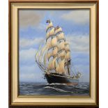 A framed oil on canvas of a sailing ship signed Pommy, frame size 62 x 72cm.